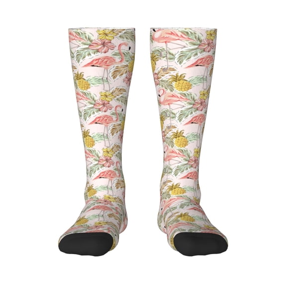 JUNZAN Fun Novelty Knee Warmer High Socks Tropical Pink Flamingo Pineapple Design