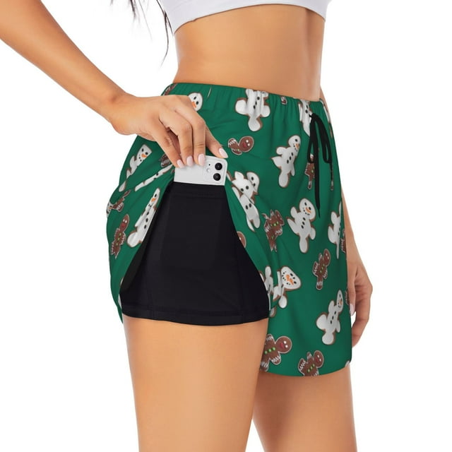 JUNZAN Gingerbread Snowman Cookies Print Women's Athletic Gym Running Shorts with Phone Pockets - Workout Shorts-Small