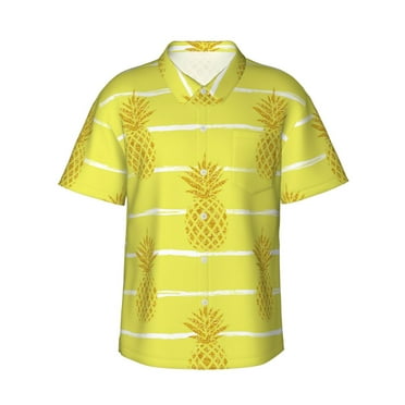JUNZAN Gold Pineapple Pattern Hawaiian Shirt for Men,Summer Beach Casual Short Sleeve Button Down Shirts-Small