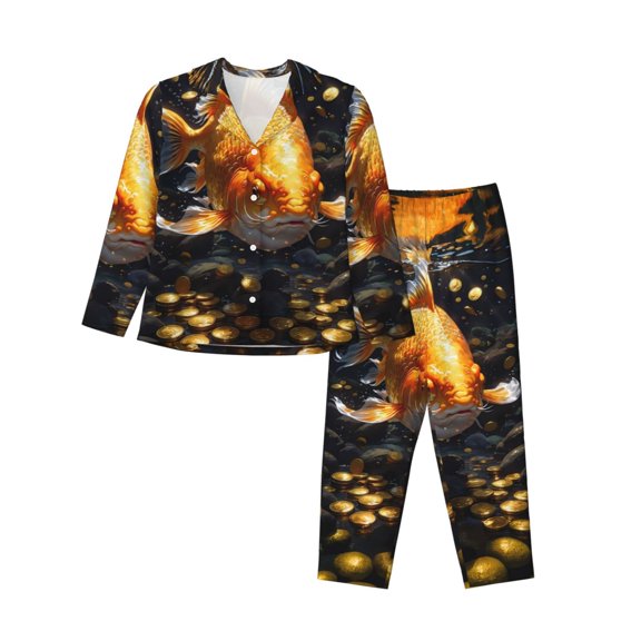 JUNZAN Golden Koi And Treasure Print Womens Pajama Sets,Long Sleeve Button Down for Women Pjs 2 piece-X-Large