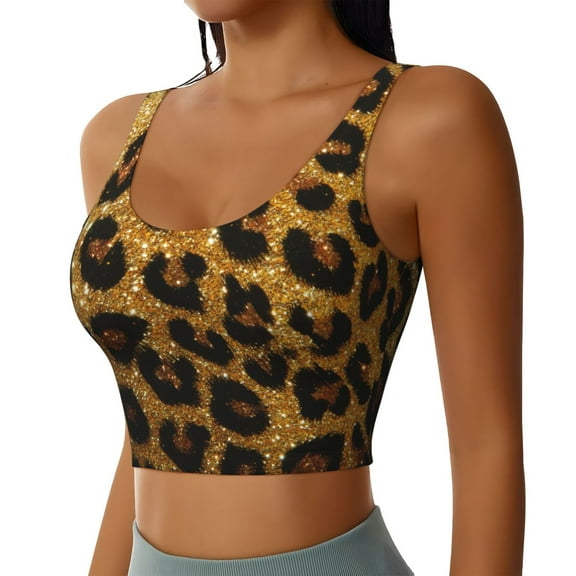 JUNZAN Golden Leopard Glitter Print Women's Workout Tank Tops - U Back Fitness Top with Built-In Shelf Bra, Perfect for Yoga and Gym-Small