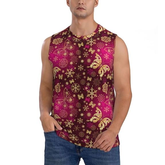 JUNZAN Golden Snowflakes And And Butterflies Men's Sleeveless T Shirts,Sleeveless Muscle Shirts,Sizes S-3XL