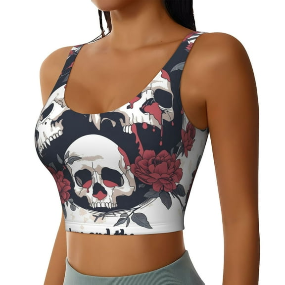 JUNZAN Gothic Skulls And Roses Print Women's Workout Tank Tops - U Back Fitness Top with Built-In Shelf Bra, Perfect for Yoga and Gym-Medium