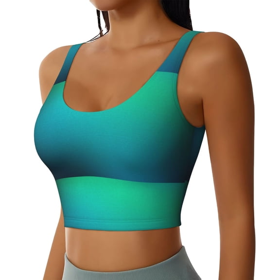 JUNZAN Green Turquoise Teal Print Women's Workout Tank Tops - U Back Fitness Top with Built-In Shelf Bra, Perfect for Yoga and Gym-Large