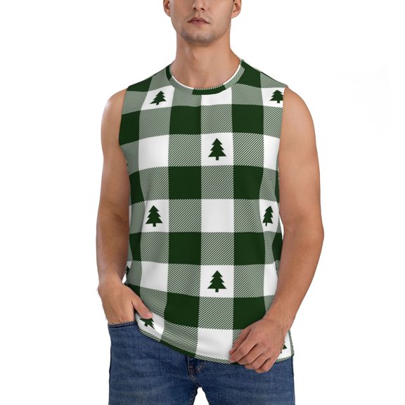JUNZAN Green White Lumberjack Plaid Men's Sleeveless T Shirts,Sleeveless Muscle Shirts,Sizes S-3XL
