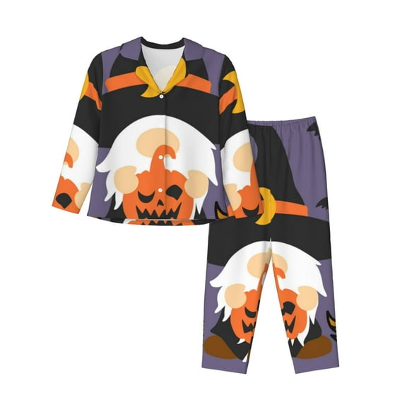 JUNZAN Halloween Gnomes Print Womens Pajama Sets,Long Sleeve Button Down for Women Pjs 2 piece-Small