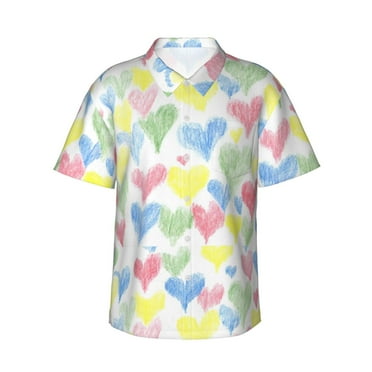 JUNZAN Hand Drawn Colored Hearts Pattern Hawaiian Shirt for Men,Summer Beach Casual Short Sleeve Button Down Shirts-Small