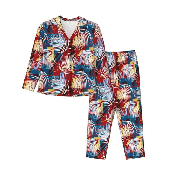 JUNZAN Hawaiian Style Print Womens Pajama Sets,Long Sleeve Button Down for Women Pjs 2 piece