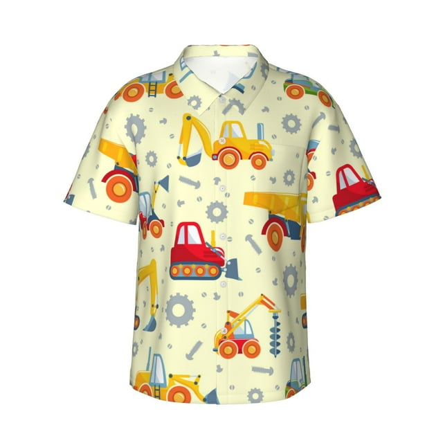 JUNZAN Heavy Equipment Pattern Hawaiian Shirt for Men,Summer Beach Casual Short Sleeve Button Down Shirts-XX-Large