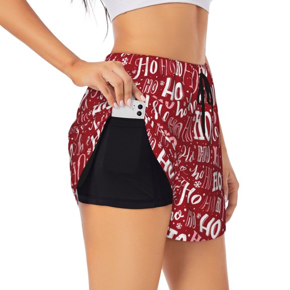 JUNZAN Ho Funny Christmas Print Women's Athletic Gym Running Shorts with Phone Pockets - Workout Shorts-Small