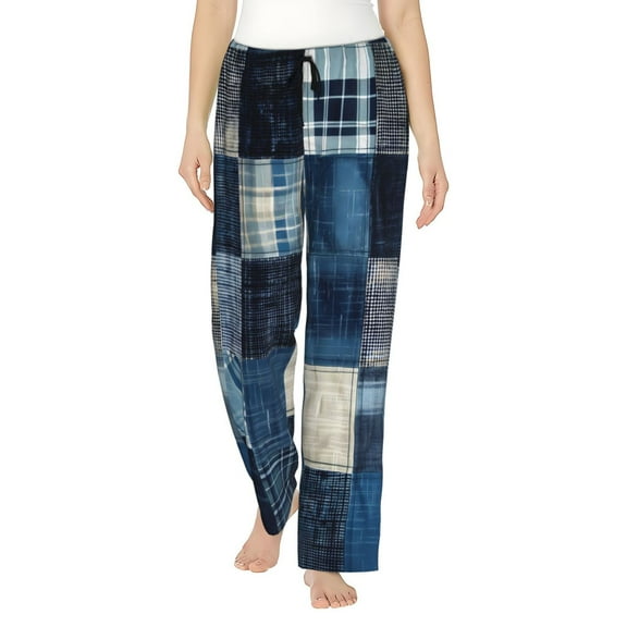 JUNZAN Indigo Patchwork Quilt Women's Pajama Pants Drawstring Comfy Sleep Bottoms with Pockets-Small
