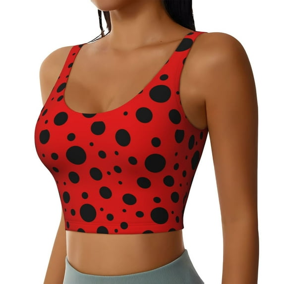 JUNZAN Ladybug Pattern Print Women's Workout Tank Tops - U Back Fitness Top with Built-In Shelf Bra, Perfect for Yoga and Gym-Small