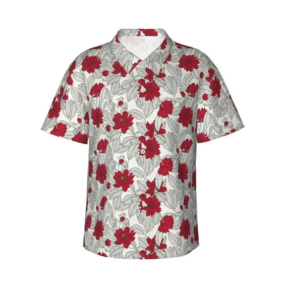 JUNZAN Leaves And Anemone Flowers In Red Grey Pattern Hawaiian Shirt for Men,Summer Beach Casual Short Sleeve Button Down Shirts-Medium