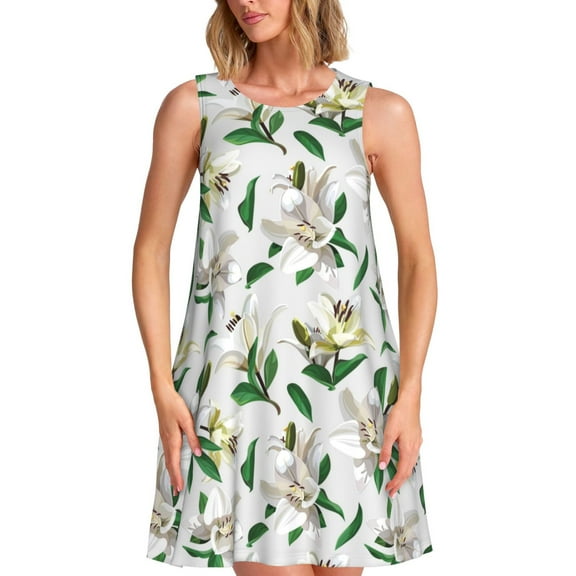 JUNZAN Lilies Flowers Print Summer Dresses for Women 2025,Sleeveless Sundresses Loose Round Neck Tank Dresses with Pockets