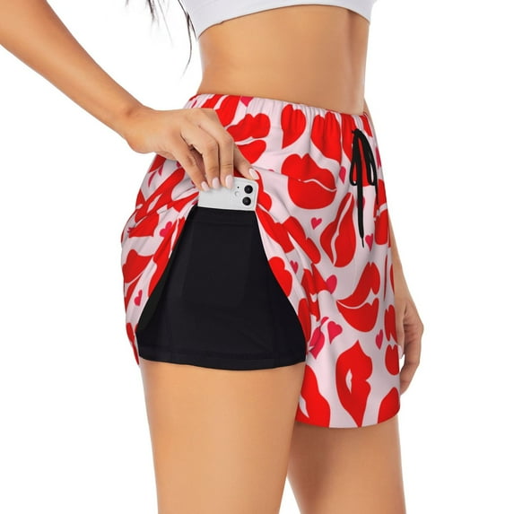 JUNZAN Lips Kiss Print Women's Athletic Gym Running Shorts with Phone Pockets - Workout Shorts-Large