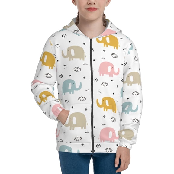JUNZAN Little Elephant Print Kids Zip Up Hoodies Long Sleeve for Boys or Girls Casual Oversized Jackets with Pocket Loose Tops- Small