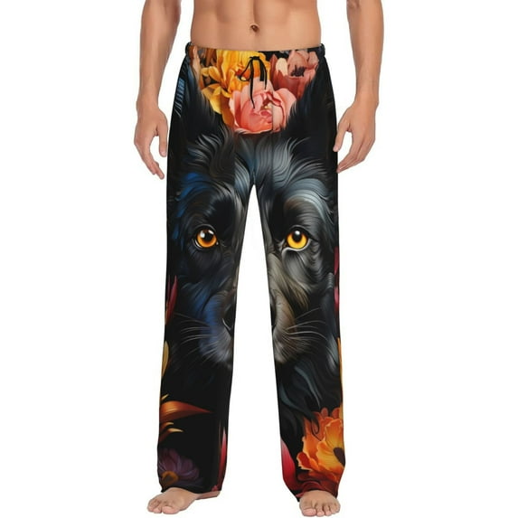 JUNZAN Men's Pajama Pants Colorful Floral Black Dog Sleepwear Pants PJ Bottoms Drawstring and Pockets