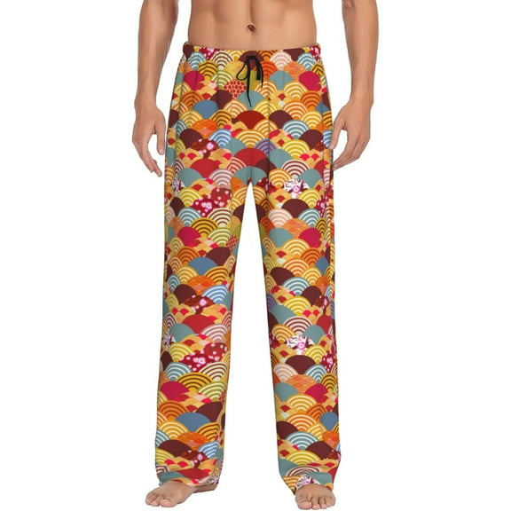 JUNZAN Men's Pajama Pants Japanese Style Fish Scales Sleepwear Pants PJ Bottoms Drawstring and Pockets