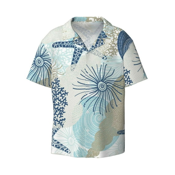 JUNZAN Mens Casual Button Down Shirts Short Sleeve Algae Corals and Seashells Print Shirt-Large