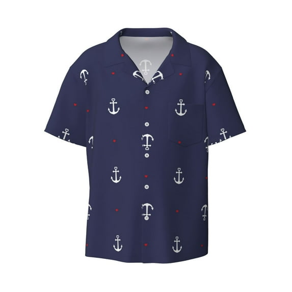 JUNZAN Mens Casual Button Down Shirts Short Sleeve Anchor Heart Blue Print Shirt-3X-Large