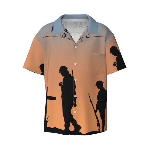 JUNZAN Mens Casual Button Down Shirts Short Sleeve Anzac Day Print Shirt-Medium