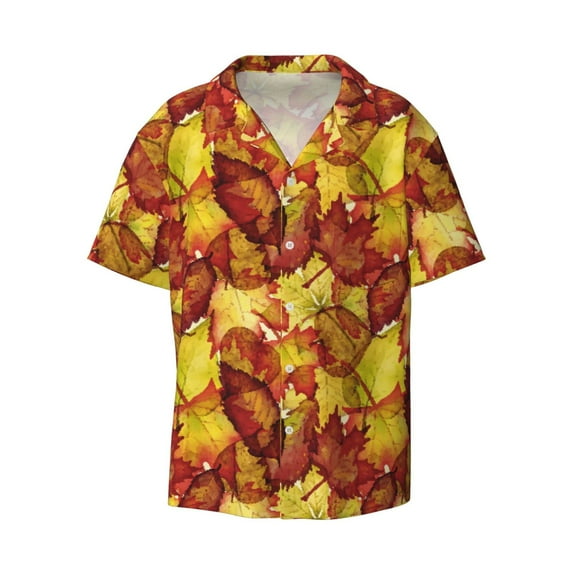 JUNZAN Mens Casual Button Down Shirts Short Sleeve Autumn Mosaic Maple Leaves Print Shirt-4X-Large
