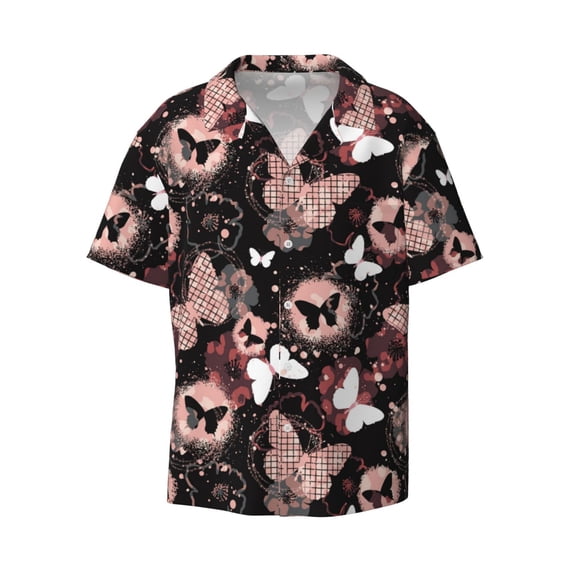 JUNZAN Mens Casual Button Down Shirts Short Sleeve Butterfly Print Shirt-Large