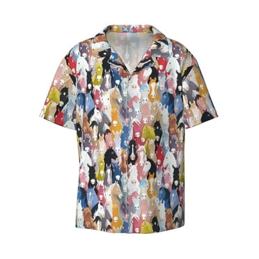 JUNZAN Mens Casual Button Down Shirts Short Sleeve Colourful Horses Print Shirt-Small