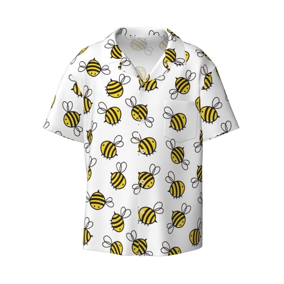 JUNZAN Mens Casual Button Down Shirts Short Sleeve Cute Little Bee Print Shirt-Small