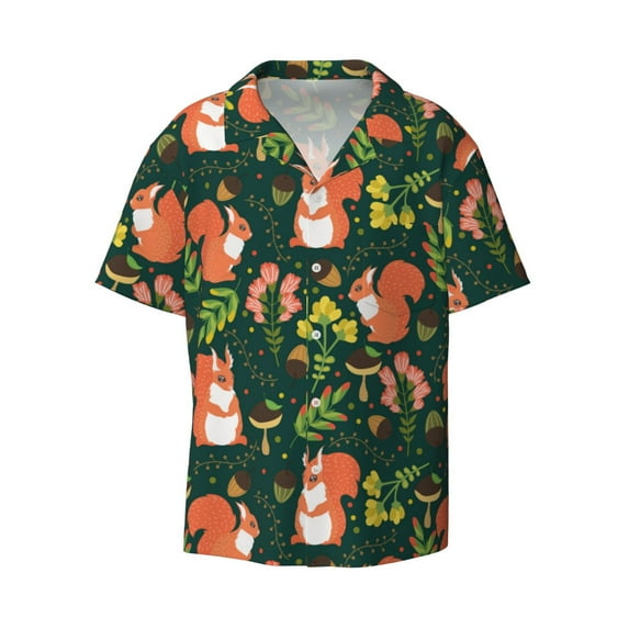 JUNZAN Mens Casual Button Down Shirts Short Sleeve Forest Squirrel Print Shirt-Medium