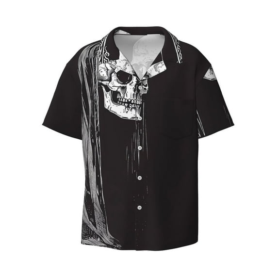 JUNZAN Mens Casual Button Down Shirts Short Sleeve Gothic Skull Drape Print Shirt-X-Large