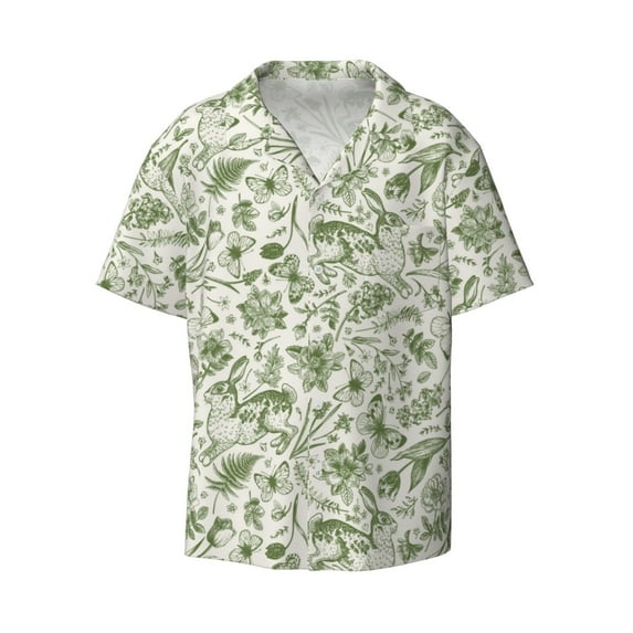 JUNZAN Mens Casual Button Down Shirts Short Sleeve Green Rabbit Print Shirt-X-Large