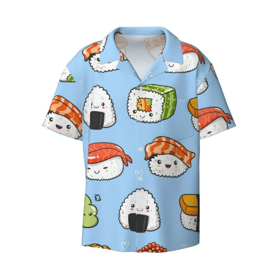 JUNZAN Mens Casual Button Down Shirts Short Sleeve Kawaii Sushi Print Shirt-Medium