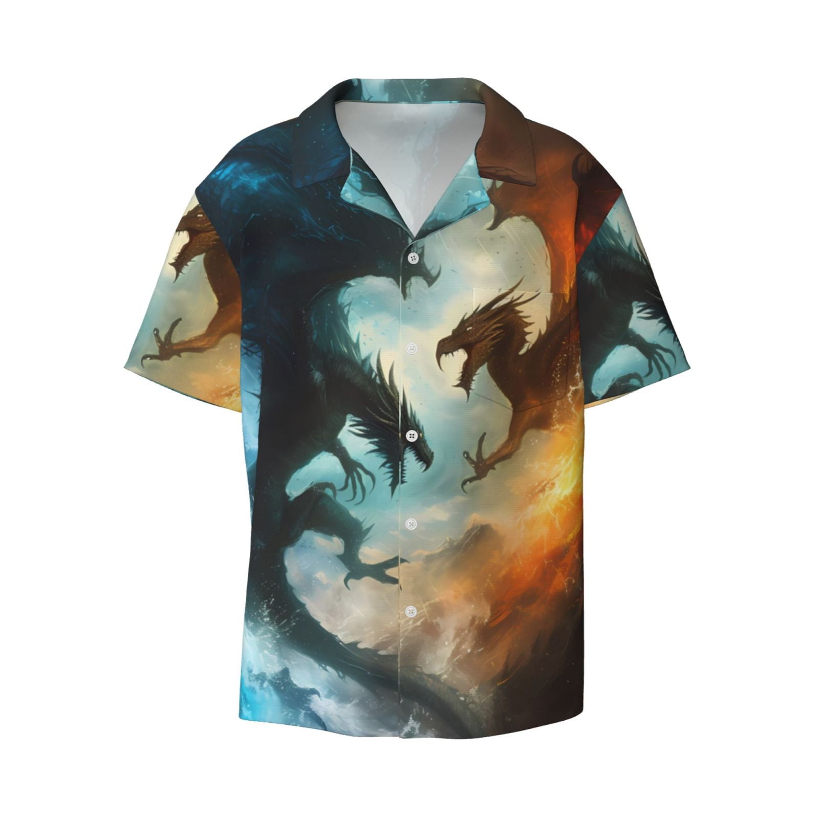 JUNZAN Mens Casual Button Down Shirts Short Sleeve Red And Blue Flame ...