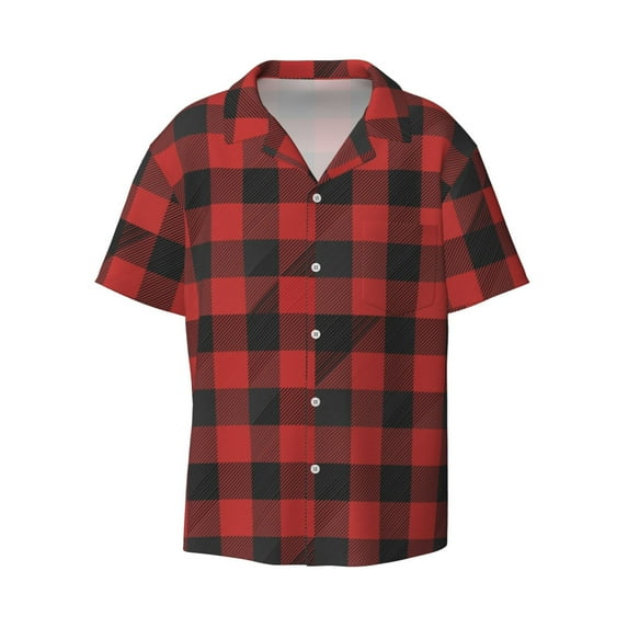 JUNZAN Mens Casual Button Down Shirts Short Sleeve Red Black Plaid Print Shirt-X-Large