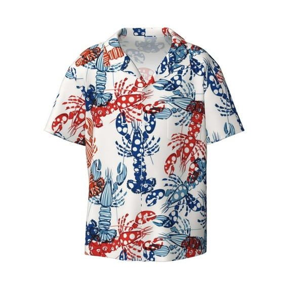 JUNZAN Mens Casual Button Down Shirts Short Sleeve Red Lobster Print Shirt-Small