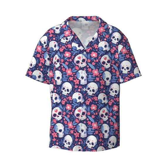 JUNZAN Mens Casual Button Down Shirts Short Sleeve Skull cartoon flower Print Shirt-Large