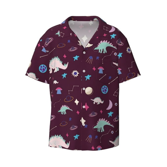 JUNZAN Mens Casual Button Down Shirts Short Sleeve Space Dinosaur Print Shirt-XX-Large