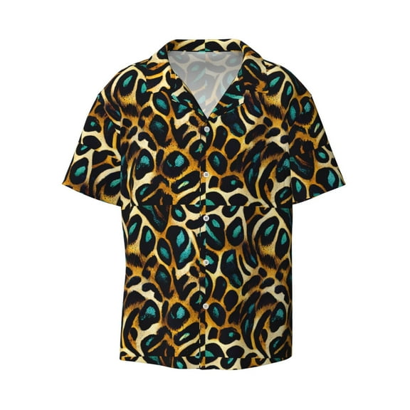 JUNZAN Mens Casual Button Down Shirts Short Sleeve Teal Leopard Print Shirt-Small