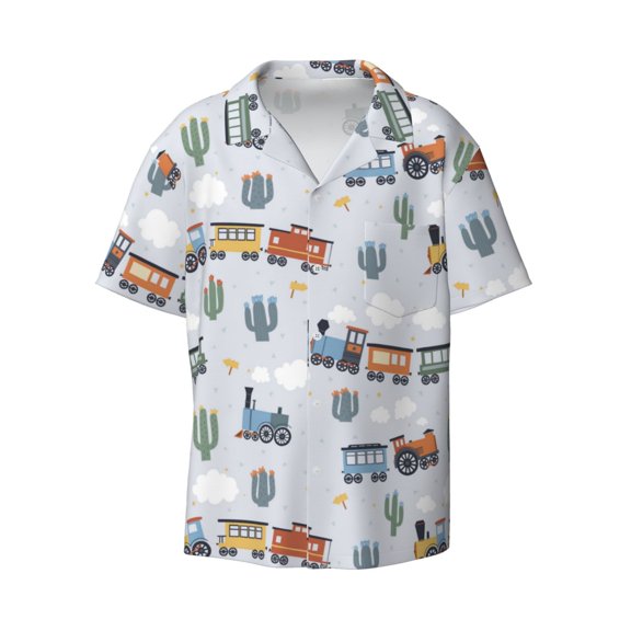 JUNZAN Mens Casual Button Down Shirts Short Sleeve Trains And Cactuse Print Shirt-3X-Large