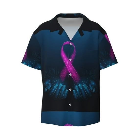 JUNZAN Mens Casual Button Down Shirts Short Sleeve Two Human Hands are Holds Pink Ribbon Awareness Print Shirt-Large