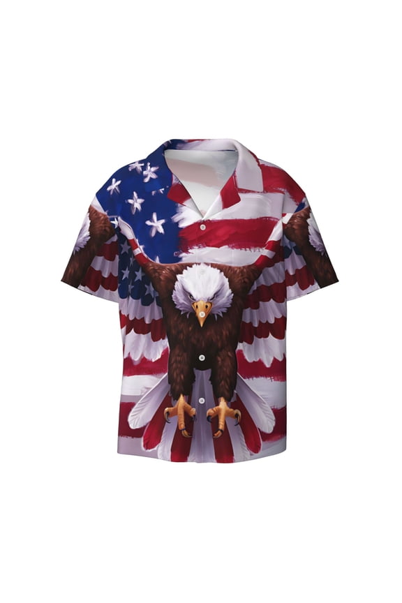 Mens Casual Button Down Shirts Short Sleeve USA Eagle with Spread Wings Print Shirt-Medium