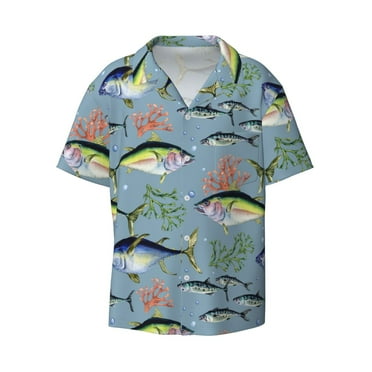 JUNZAN Mens Casual Button Down Shirts Short Sleeve Various Wild Sea Fish Print Shirt-Small
