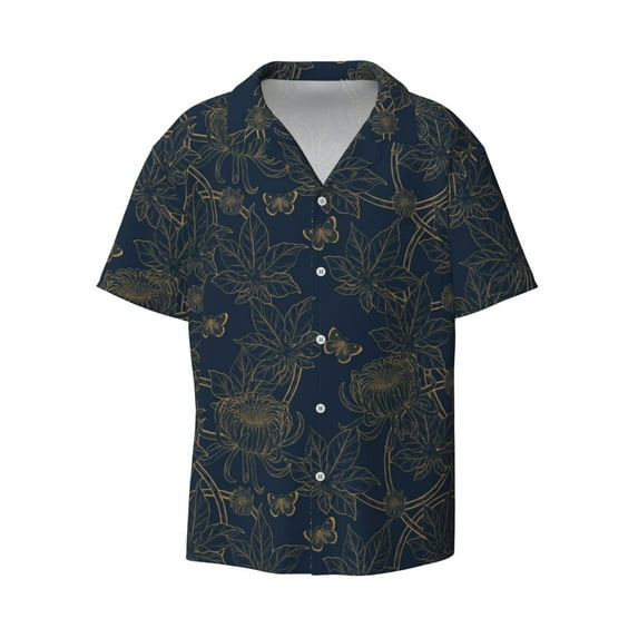 JUNZAN Mens Casual Button Down Shirts Short Sleeve Vintage Chrysanthemum Print Shirt-3X-Large