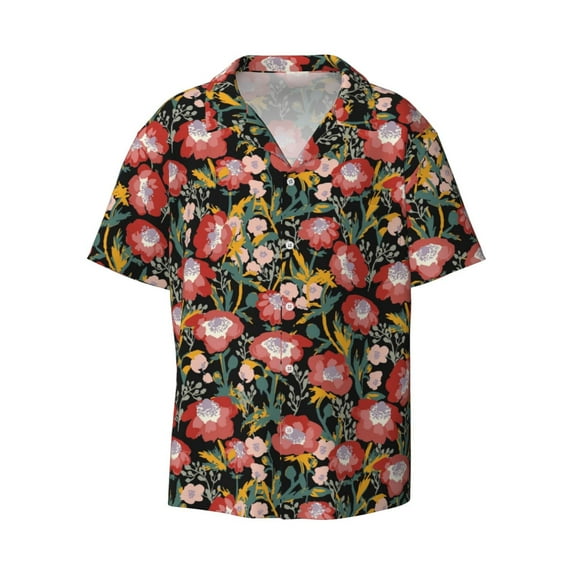 JUNZAN Mens Casual Button Down Shirts Short Sleeve Watercolor Red Wildflowers Print Shirt-Small
