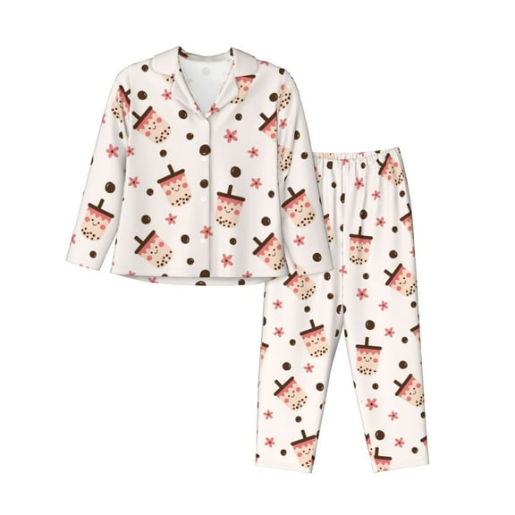 JUNZAN Milk Tea Print Womens Pajama Sets,Long Sleeve Button Down for Women Pjs 2 piece