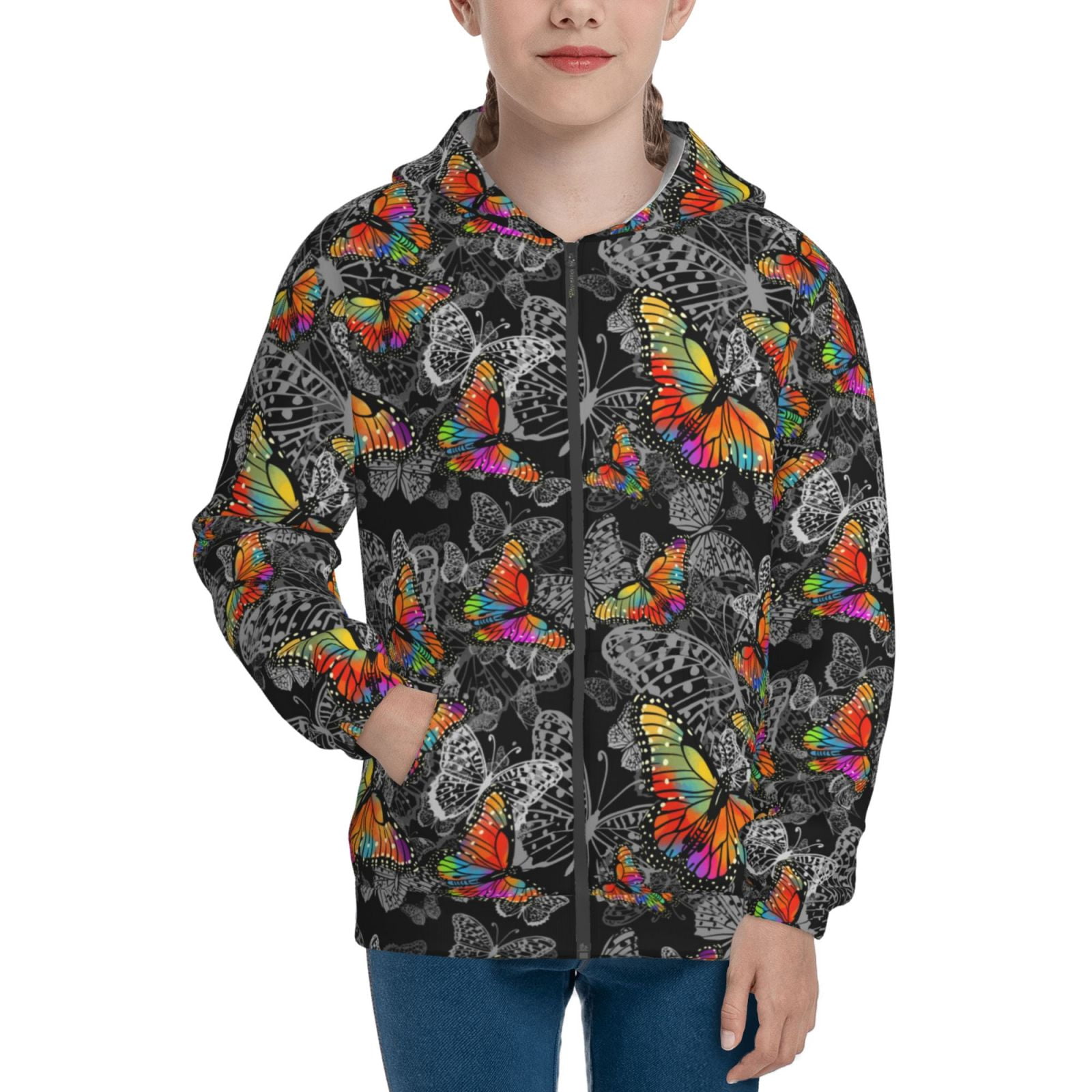 JUNZAN Multicolored Butterflies C Print Kids Zip Up Hoodies Long Sleeve ...