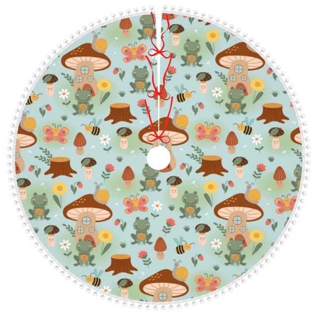 JUNZAN Mushroom House Insect Frog White Christmas Tree Skirt with