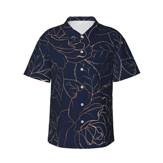 JUNZAN Navy Dark Blue Pattern Hawaiian Shirt for Men,Summer Beach Casual Short Sleeve Button Down Shirts-Medium