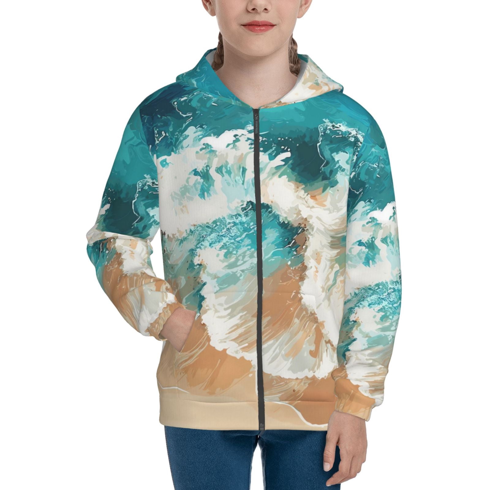 JUNZAN Ocean Wave Crash Print Kids Zip Up Hoodies Long Sleeve for Boys ...